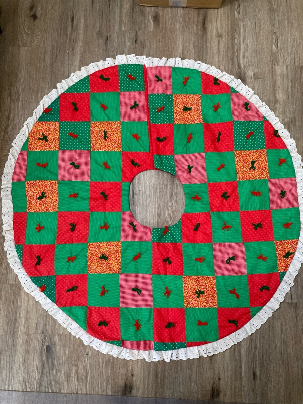 Vintage Handmade Quilted Patchwork Christmas Tree Skirt 43” Cottagecore